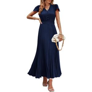 PRETTYGARDEN Women's Maxi Dresses 2025 Summer Trendy Cap Short Sleeve Button V Neck Casual Flowy Pleated Long Dress (Large)