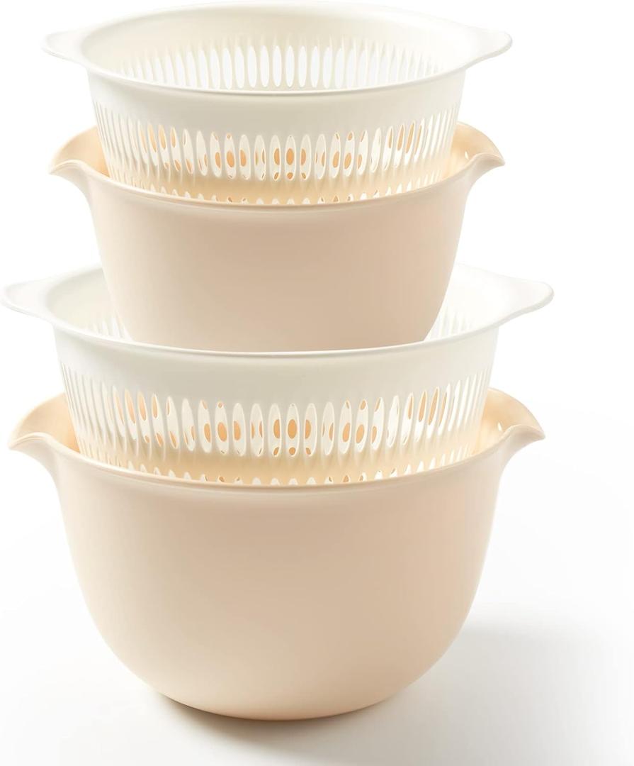 2 in 1 Kitchen Colander Set with Bowl Strainer (2 Sets 3 Qt), BPA Free Plastic Fruits and Vegetable Washing Basket, Dishwasher Friendly Double Layered Drain Basin, for Pasta Salad Berry Cleaning Mixing (Cream)
