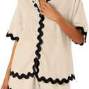 Women's Short Sets 2 Piece Outfits Summer Short Slevee Two Piece Button Shirt and Shorts Lounge Pajamas Set (Apricot) S