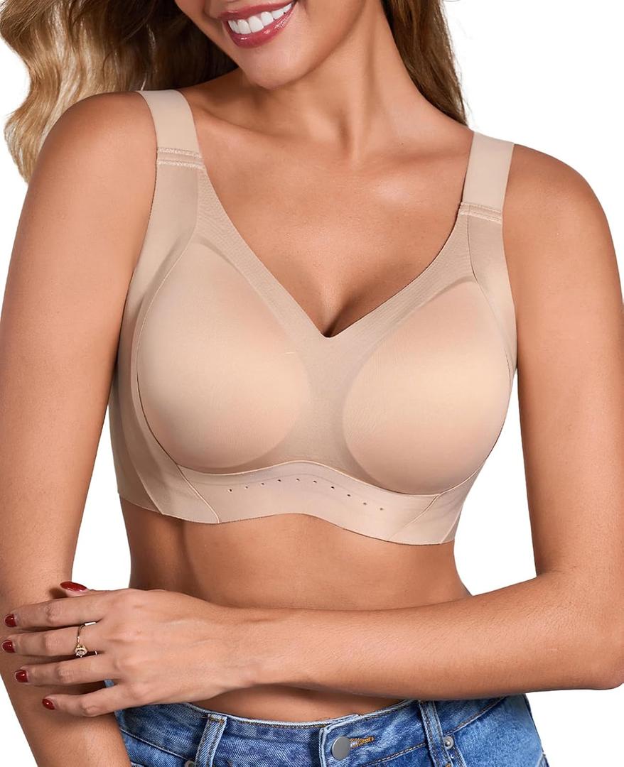GLNEGE Womens Seamless Wireless Push Up Supportive Bra Comfortable No Underwire Full Coverage Jelly Lift T-Shirt Bras (Beige, XXXL)