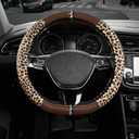 Road Comforts Leopard Steering Wheel Cover for Women, Cute Anti-Slip Microfiber Leather, Fits D Shape Flat Bottom Steering Wheel 14.5-15 Inch - Brown