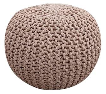 FRELISH DECOR Round Pouf Ottoman Hand Knitted 100% Cotton Pouf Foot Stool - Knitted Bean Bag - Floor Chair for Living Room Bedroom - Foot Rest for Couch (20 Diameter x 14 Height) - Taupe