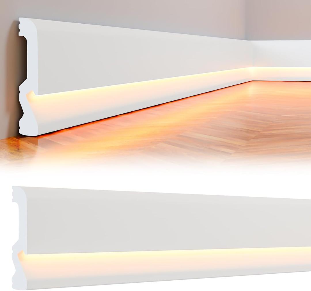 Briwooody 6 Pcs Baseboard Molding with LED Duct 2.6FT/0.8M White Baseboard Molding for Wall Skirt Lighting Channel Skirtingboard Fits for Your Choice of LED Strips (Classic)