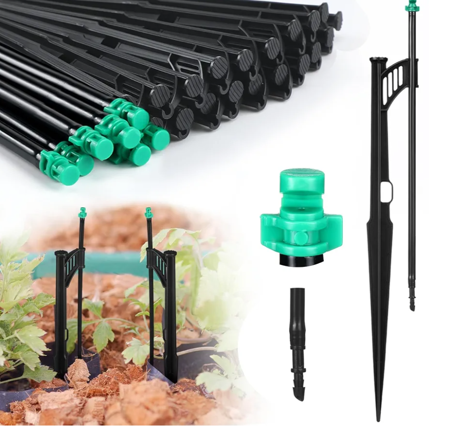 25 Pcs 12.8 Inch Drip Irrigation Stakes with 180 Degree Sprayer Emitters and Sprinkler Extension Riser 1/4 Inch Drip Line Sprinkler Support Stakes for Garden Watering System,Green