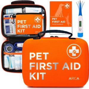 Cat & Dog First Aid Kit for Car - Pet Emergency Kit for Home Office Travel  Dog Camping Essentials with Digital Thermometer, Muzzle & Mini First Aid Pouch (Neon Orange)