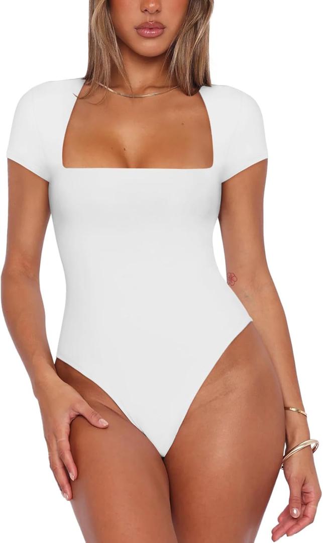 REORIA Womens Sexy Square Neck Double Lined Shirt Stretchy Basic Short Sleeve Going Out Thong Bodysuit Tops (Large, White)