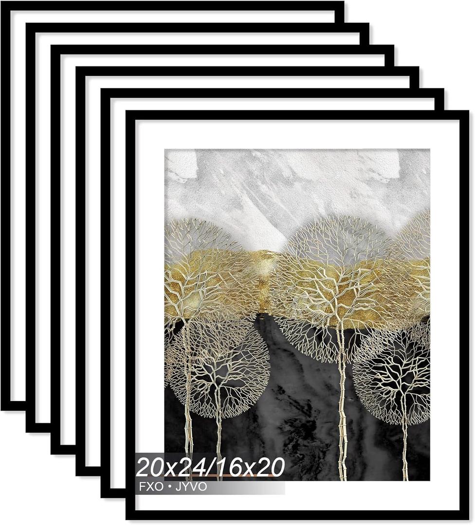 Fxojyvo 20x24 Picture Frame Set of 6, Display Poster 16x20 with Mat or 20 x 24 Without Mat, Light Weight and High Transparent 20 by 24 Frame for Wall - 6 Pack/Black/20 x24