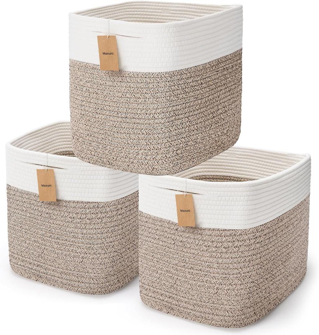 3Pack Cube Storage Bins,Square Storage Baskets for Christmas Decorative,Foldable Trunk organizer for Car,11Inch Durable Cotton Rope Woven Storage Basket for Organizing-Brown Basket for Shelves,Camping (3PCS-White+Brown)