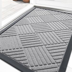 OLANLY Front Door Mat Outside Entrance 33x21, Absorbent, Heavy Duty Sturdy Natural Rubber Doormat Indoor Outdoor, Stain Fade Resistant, Non-Slip Low Profile Floor Mat for Entryway, Light Gray Diamond