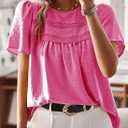 Womens Summer Tops Crewneck Short Sleeve Shirts Casual Chiffon Blouses Flowy Lace Hem Boho Clothing Trendy 2026 (Pink)
