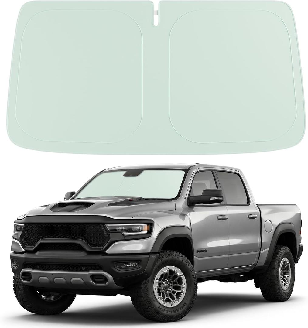Cooling Car Windshield Sun Shade for RAM 1500 2011-2026, Green and Beige | 99% UV Protection and Heat Insulation, Storage Bag Included, Helps Keep the Parked Interior Cooler, Front Window Coverage