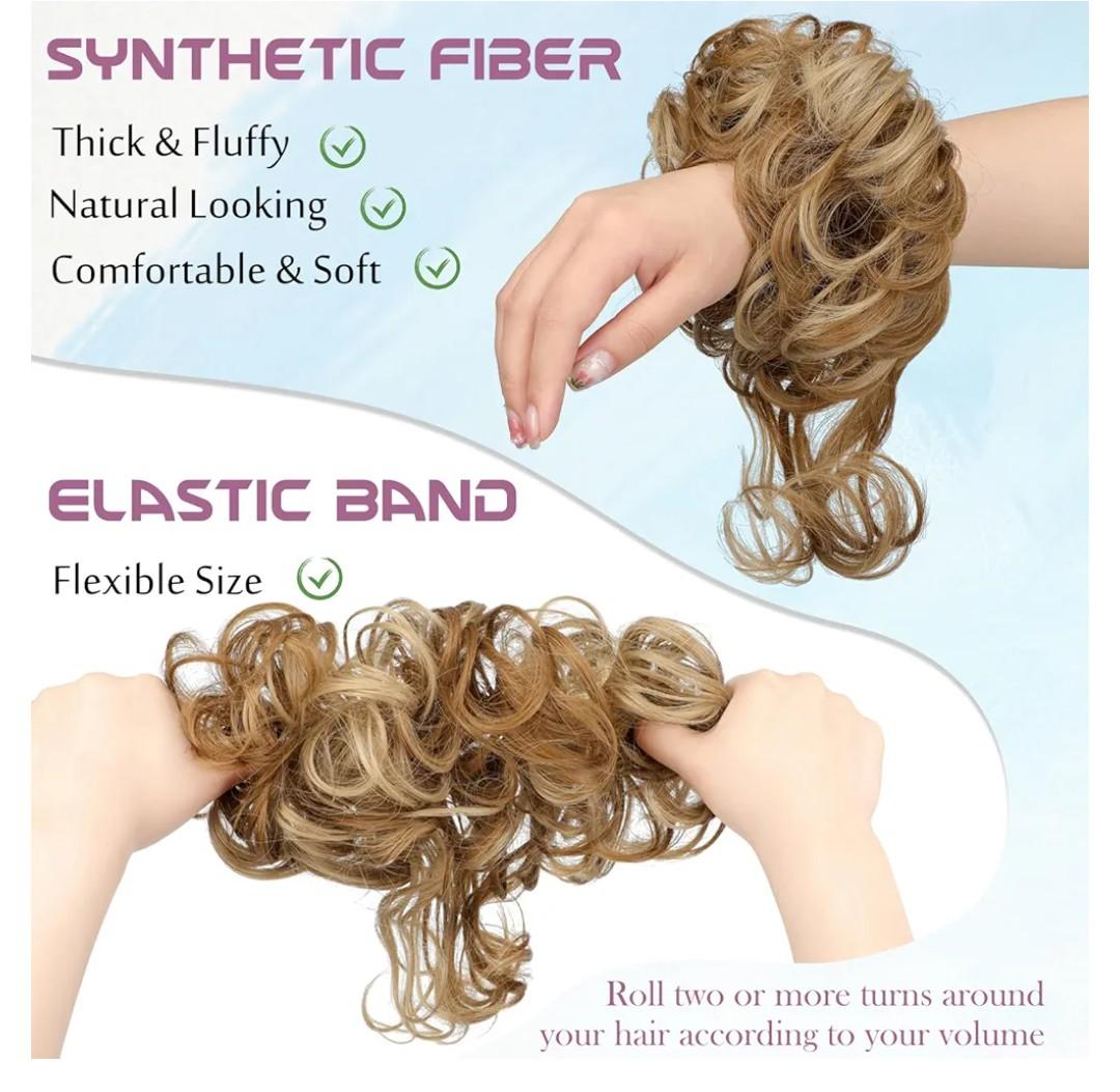 2 x Messy Bun Hair Piece Elastic Hair Band Hair Pieces Curly Chignon Ponytail Hairpiece Daily Wear(Ash Blonde Mix Ginger Brown)