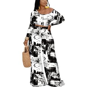 2 Piece Outfits for Women Sexy Backless Long Sleeve Crop Top High Waist Wide Leg Long Pant Sets Tracksuit Printed Set (3X-Large, 9380-black)
