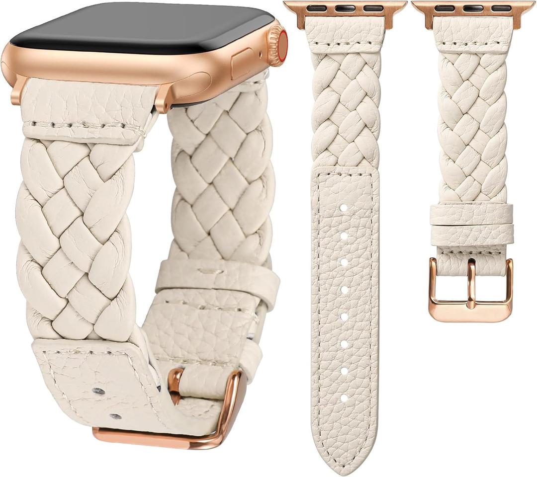 TOYOUTHS Braided Leather Strap Compatible with Apple Watch Band Women 49/ 46/ 45/ 44/ 42mm Dressy Designer Woven Leather Bracelet for iWatch Series 11 10 9 8 7 6 5 4 Ultra SE 3 2 1, Starlight/ Rose Gold