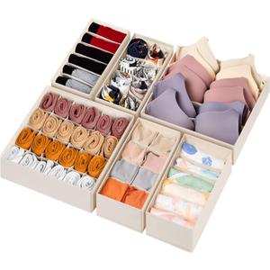 6 Pack Sock Underwear Drawer Organizer Dividers, 58 Cell Foldable Fabric Dresser Closet Organizers and Storage Bins for Clothing, Baby Clothes, Bra, Panty, Scarf, Ties (Beige)