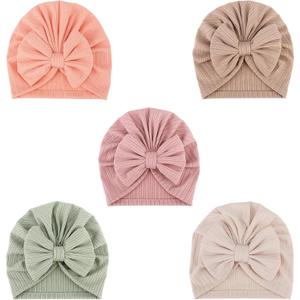DRESHOW BQUBO 5 Pieces Newborn Baby Turban Hats Bow Baby Infant Beanie Breathable Toddler Cap for Baby Girls (5 Pcs Bow Hats/ 3-12 Months I (Thin for Spring/Summer))