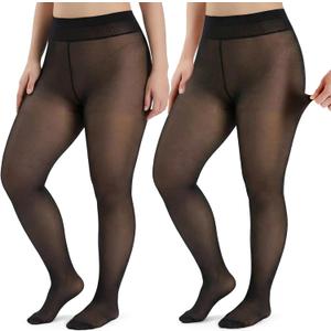 Eurzom 2 Pairs Plus Size Fleece Lined Tights Women Winter Thick Thermal Leggings Cozy Stretchy Pantyhose for Cold Weather (Black)