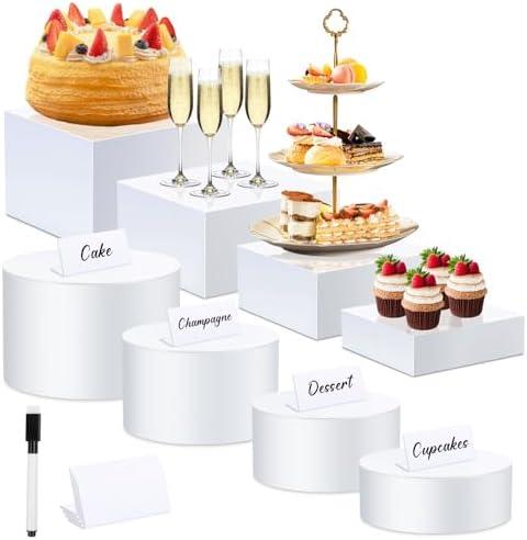Buffet Risers Set of 8 Acrylic Cube Display Stands Box Risers with Hollow Bottoms 4 Different Size Dessert Table Display Set Food Nesting Risers for Buffet Table, Cupcake Candy Food, Parties, Brunch, Weddings (4 PCS Cubes +4 PCS Cylinders)