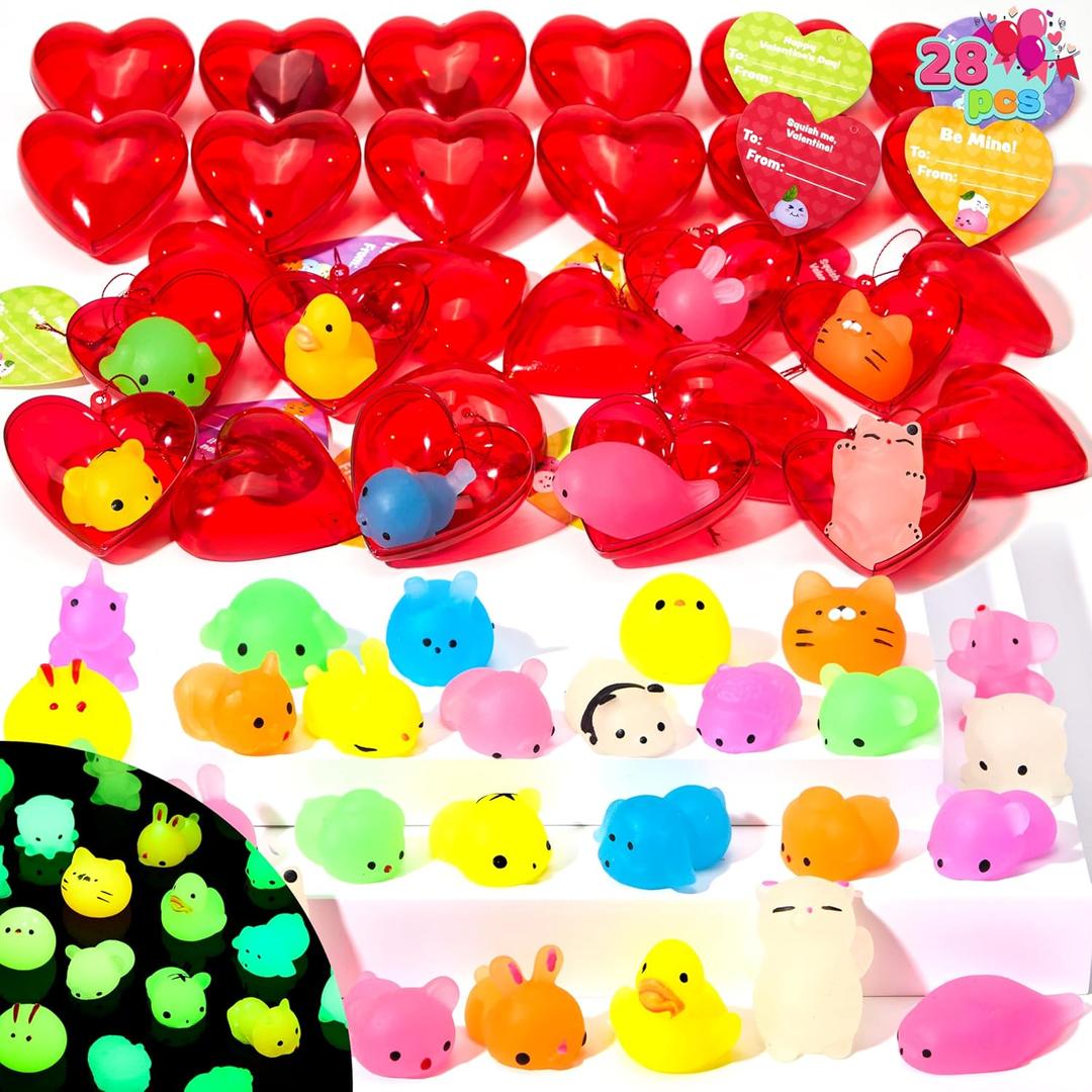JOYIN 28 Packs Valentines Day Gifts for Kids, Glow Mochi Squishy Toys with Heart Funny Valentines Day Cards for Kid School Classroom Exchange Prize, Stress Relief Fidget Toy for Valentine Party Favor