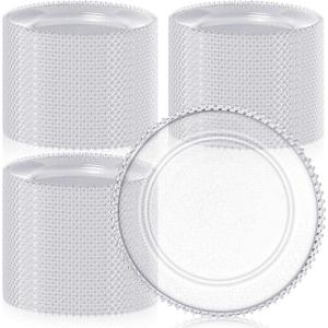 Hoolerry 100 Pack Clear Charger Plates Bulk 13 Inch Acrylic Round Dinner Charger Plates Beaded Frosted Grain Dinner Decorative Dishes for Wedding Party Events Home Kitchen Tabletop(Clear,Beads), approx. 13 inch