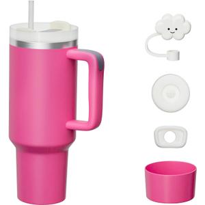 KISSKIND 40 oz tumbler with handlel and Straw Hot Pink Cup Lid Leak-proof Silicone Boot Straw Cover Cap Hot Pink Tumbler Stainless Steel Water Bottle Insulated Cup for Hot Cold Beverages