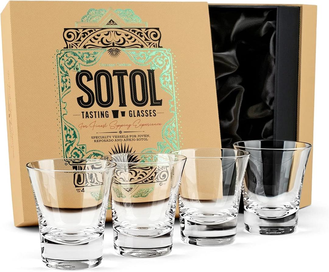 Sotol and Sipping Glasses | Glassware Collection | Set of 4 | 6 oz Professional Sippers for Drinking Joven, Reposado, Anejo Sotols | Stemless Heavy Based Liquor Snifters