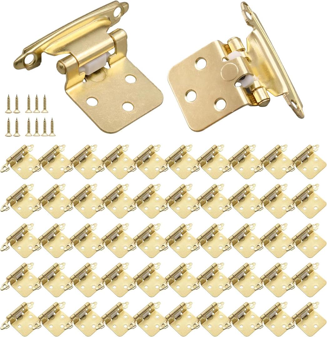 50 Pack (25 Pairs) 1/2" Overlay Kitchen Cabinet Hinges for Cabinets, Gold Cabinet Hinge for Kitchen Cabinet, Flush Mount Cabinet Hinges with Screws