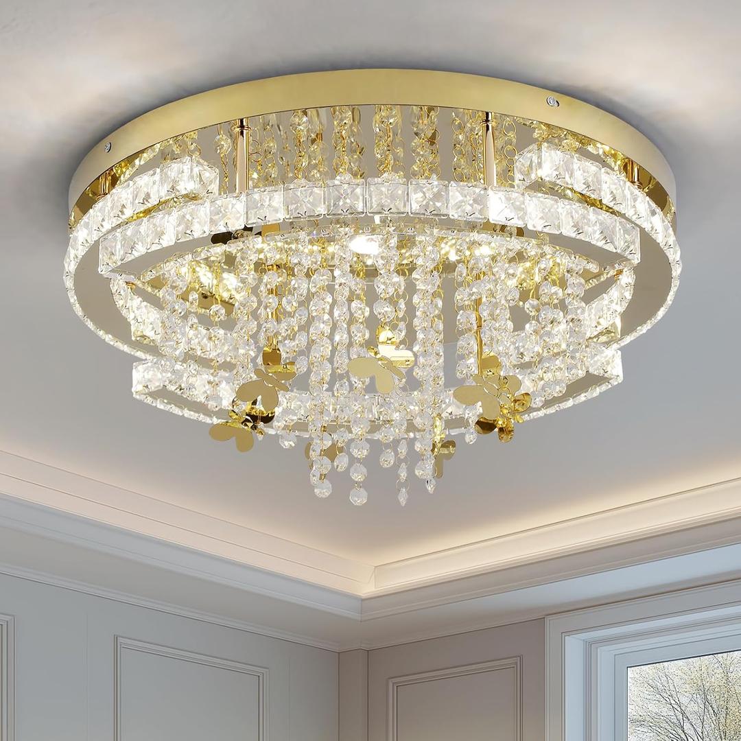 GreeLustr Modern Low Profile Crystal Chandeliers, Large Round Crystal Ceiling Light for Living/ Dining Room, Semi Flush Mount Raindrop Chandelier for Bedroom, Adjustable LED Lights Fixture 20″ 5-Light