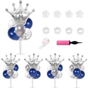 TONIFUL Table Centerpiece Balloons Stand Kit Include Blue Silver Latex Confetti Balloons and Foil Crown Balloon for Birthday Baby Shower Graduation Anniversary Table Party Decorations