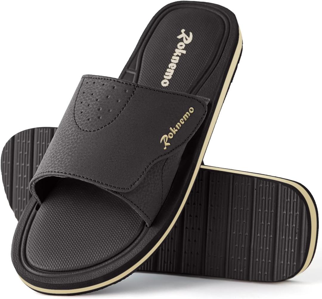 Mens Slide Sandals Adjustable Athletic Casual Comfort Lightweight Open Toe Slides Sport Sandals with Memory Foam Soft Cushion Footbed (11, Dark Brown)