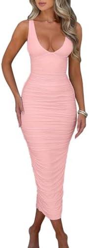 BEAGIMEG Women's Sexy Ruched Sleeveless Deep V Elegant Cocktail Evening Party Maxi Dress M