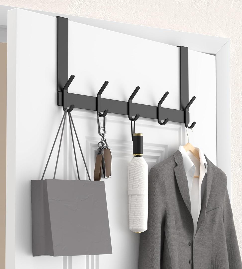 KitchLife Over The Door Hooks Hanger with 7 inches Extended Arms, Fit for 1 3/8" Doors, J18U, Bathroom Towel Rack Organization, Thickened 1 Pack Double Hook, Matte Black