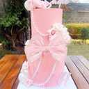 Novabright 2 Tiers 4' 6' Pink Bow Pearl Fake Cake Round Prop Cake Birthday Decorations Artificial Wedding Dessert Props Pink Bow Topper for Display Photography Women Birthday Gift
