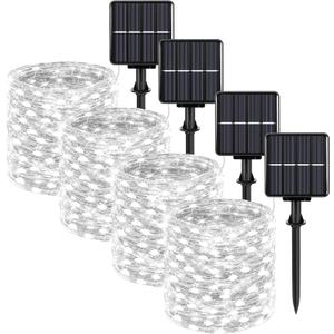 Extra-long 288FT 800 LED Solar Fairy String Lights, 4-Pack 72FT 200 LED Outdoor Twinkle Lights Waterproof 8 Lighting Modes Cool White Silver Wire Lights for Deck Backyard Tree Garden Fence Pool Party