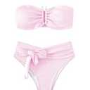 WDIRARA Women's 2 Piece Bikini Set Rib Knit Strapless Knot Front High Waist Swimsuit Set (Light Pink)