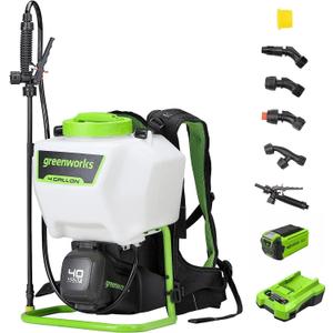 Greenworks 40V Cordless Backpack Sprayer (4 Gallon / 5 Tips / 25 FT Spray) For Weeding, Spraying, and Cleaning, 2.0Ah Battery and Charger Included