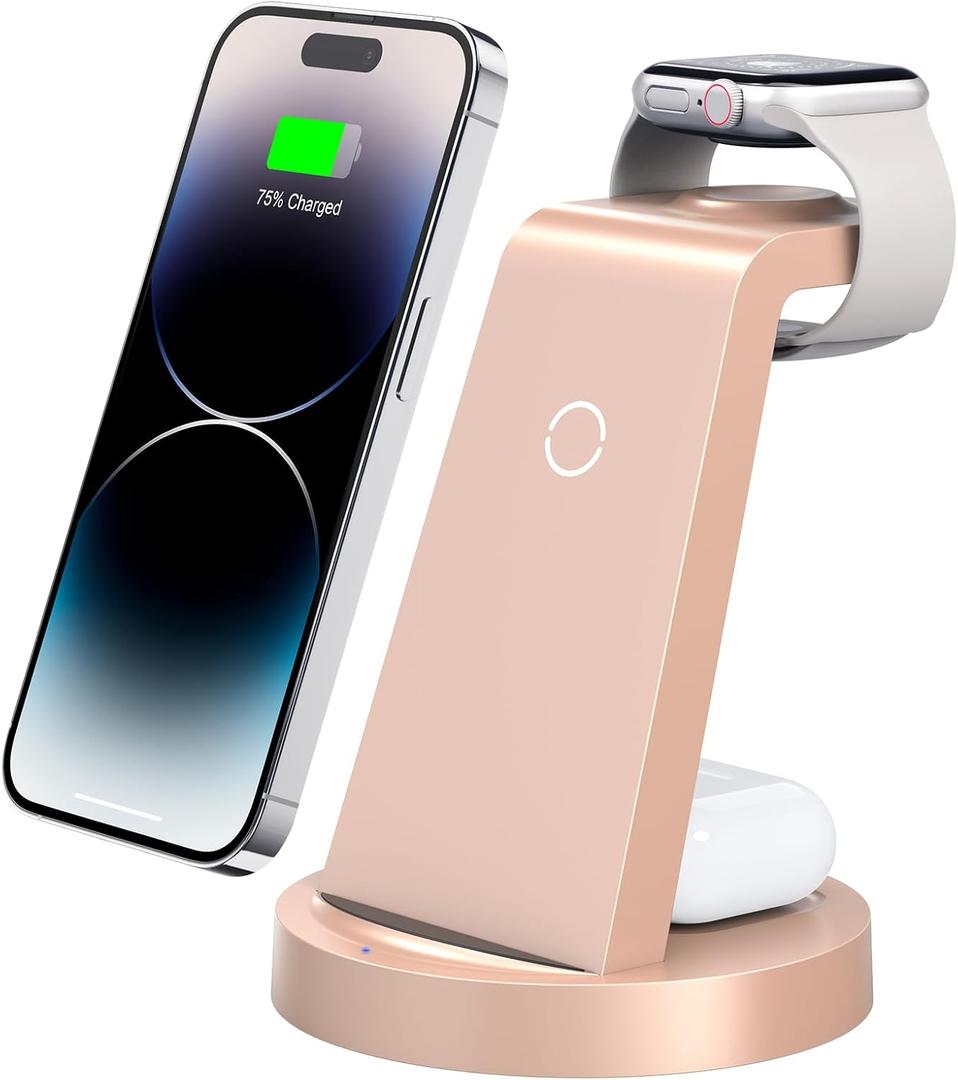 3 in 1 Charging Station for iPhone, Wireless Charger for iPhone 16e 16 15 14 13 12 11 X Pro Max & Apple Watch - Charging Stand Dock for AirPods (Rose)