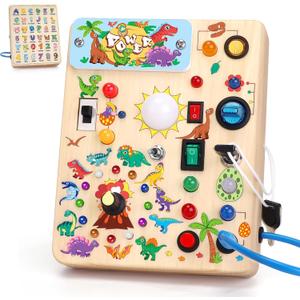 Toddler Busy Board,Montessori Toys for 1-3 Years Old,Baby Sensory Board,Wooden Learning Toys,Christmas & Birthday Gift for Boys & Girls (Dinosaur Busy Board v2)