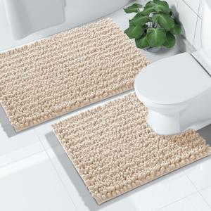 Yimobra Bathroom Rugs Sets 2 Piece - Quick Dry Chenille Bath Mat with Toilet Rug Set, Non Slip Absorbent for Tub Shower Sink, Machine Washable Extra Thick Floor Mat, 32x20+24x20 Inch Light Brown
