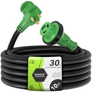 RVMATE 10 Feet 30 Amp RV Lockable Power Extension Cord with Easy Plug-in Handle, TT-30P to L5-30R, LED Indicator, 10 AWG, ETL Listed