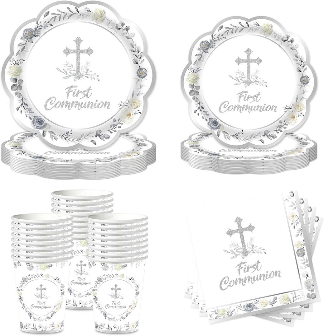 Rakuto First Communion Party Decorations, 100PCS First Holy 1st Communion Disposable Paper Plates and Napkins Table Decoration, God Bless Baptism Silver Floral Paper Cup Decor for Christening Church
