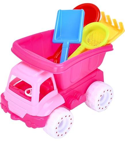 Top Race Beach Dump Truck - Sand Toy Set of 5 - Kids Dump Truck - 4 Multicolored Shovels and 1 Pink Sand Truck (5.9" H x 8.2" L x 5.7" W) - Ideal for Sandcastles & Outdoor Adventures