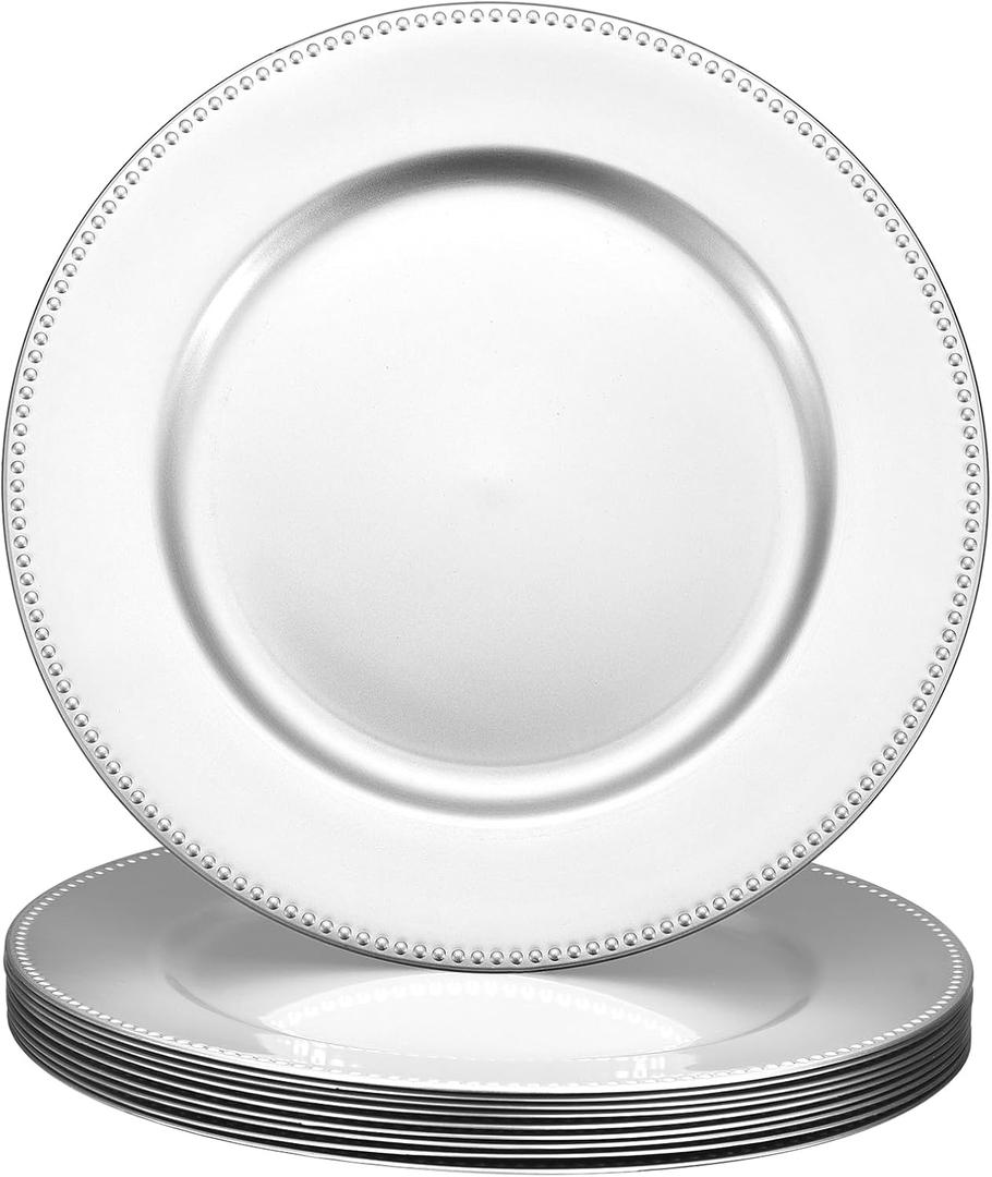 uxcell 10pcs Charger Plates Bulk 13 Inch Plastic Charger Plates Round Plate Chargers for Dinner Wedding Party Event Table Setting Decoration Silver (Large)