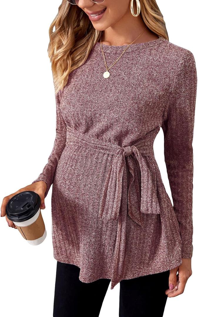 MakeMeChic Women's Maternity Shirts Casual Long Sleeve Tie Front Ribbed Knit Pregnancy Tee Top Burgundy S