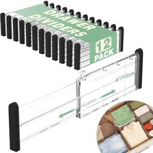 Adjustable Drawer Dividers, 4'' High Expandable Drawer Organizers for Clothes, 12 Pack 12.6-22.8'' Drawer Separators for Kitchen/Bedroom/Office/Bathroom Organization and Storage (Clear)