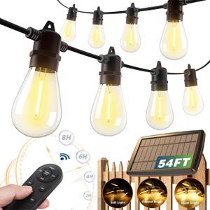 addlon 54FT Solar String Lights Outdoor Waterproof with USB Charging & Remote Control - Dimmable Solar Power Patio Lights with 26 LED Bulbs for Porch, Garden, Yard, Market, Bistro - Lasts 20+ Hrs (48+6FT(24 Sockets))