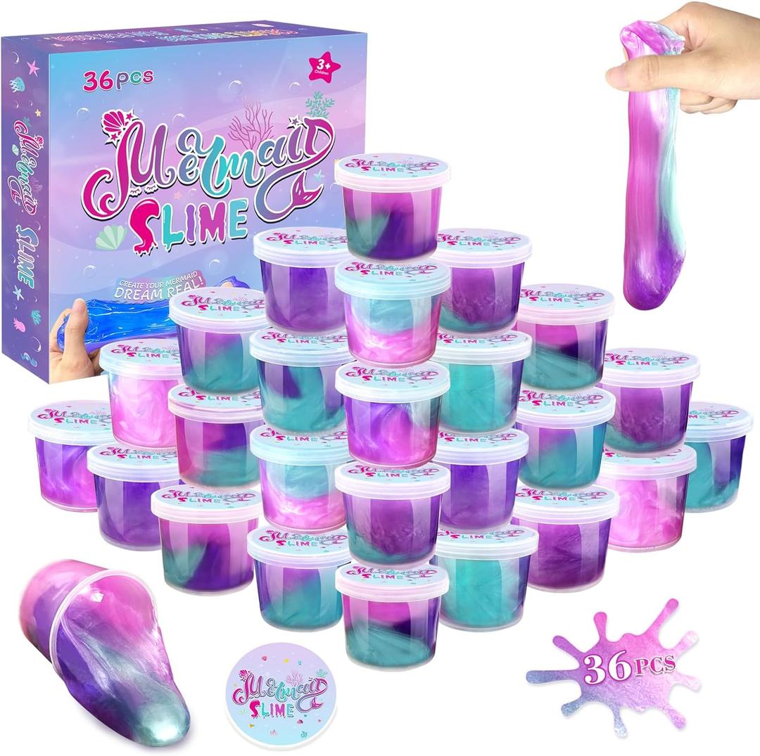 36 Pack Mermaid Slime Kit Party Favors for Kids Slime Cup Bulk DIY Stress Relief Putty Toy Christmas Holiday Birthday Goodie Bag Stuffer Classroom Reward for Girls Boys Stretchy Non-Sticky