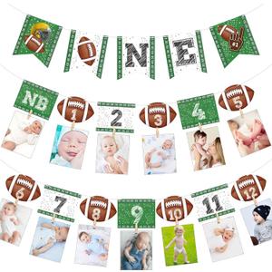 VitalCozy Football Birthday Decorations 1st Photo Banner 1st Year Down Banner First Birthday Monthly Photo Decor Football Theme Party Supplies