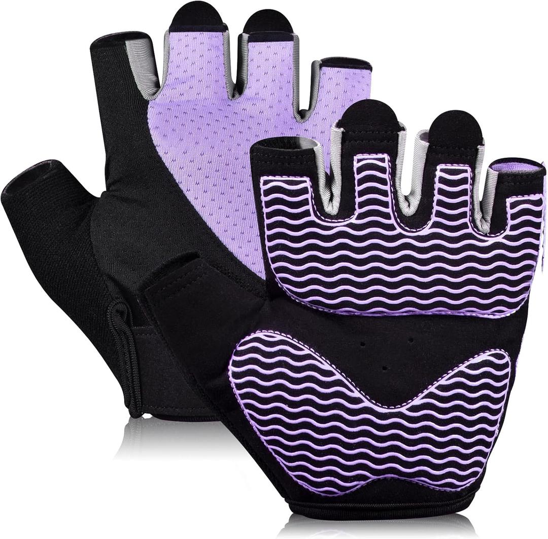 Workout Gloves for Women - Breathable Weight Lifting Gloves with Non-Slip Silicone Padding, Fingerless Gym Gloves for Cycling, Rowing, Pull Ups & Training (4 Sizes) (Small, JS-PURPLE)