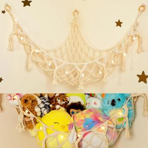 Stuffed Animal Storage Macrame Hammock w/String Lights, Large - Boho Room Decor Toy Storage - Corner Hanging Plushie Stuffed Animal Net Organizer (White)
